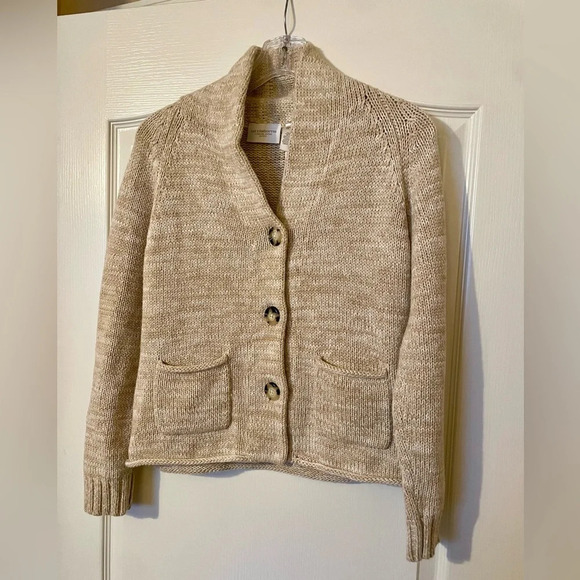Liz Claiborne Oatmeal Beige Cardigan Size S Petite Buttons Pockets Mock Neck - Picture 2 of 8